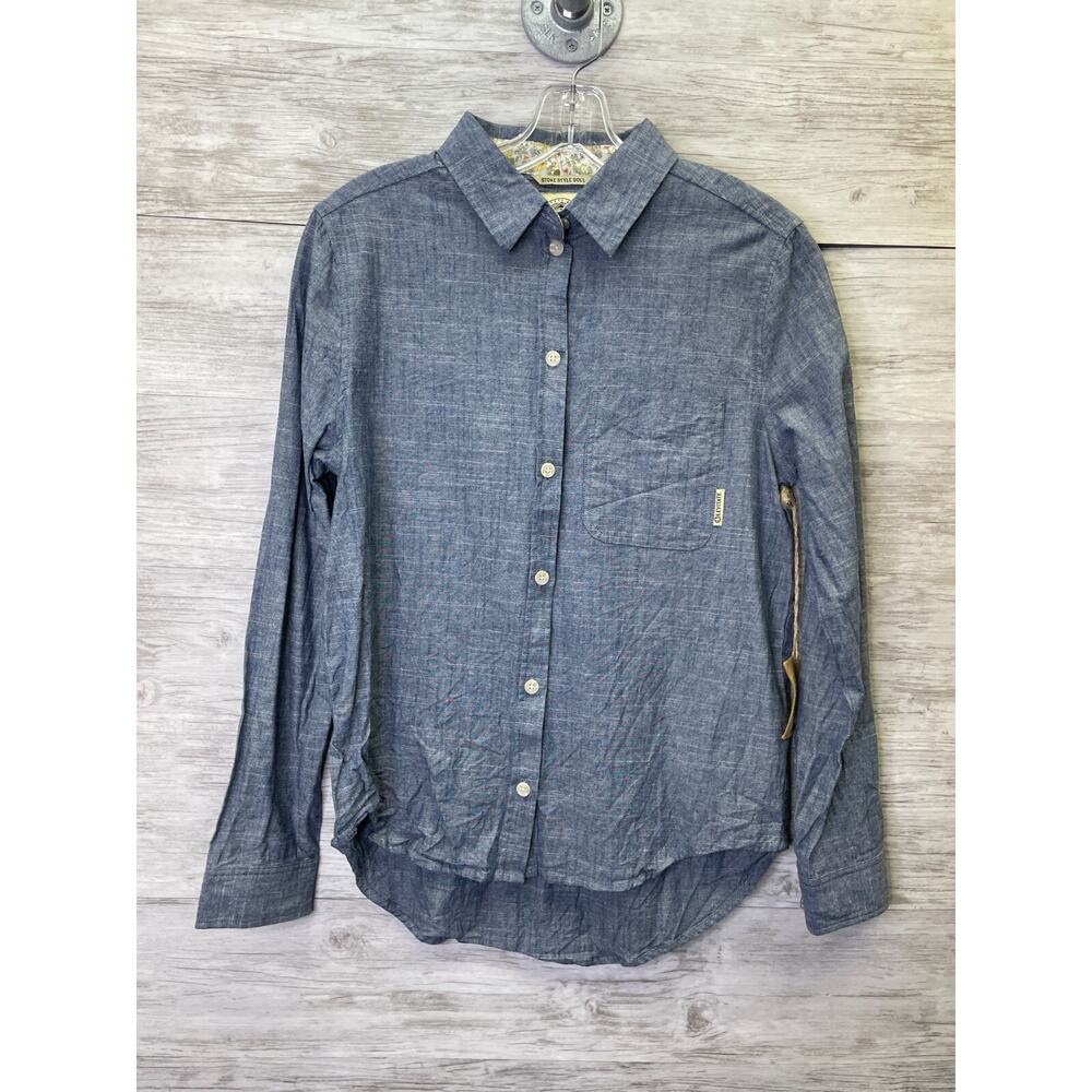 Levitate Button Up Shirt Womens L Blue Long Sleeve‎ Boyfriend Fit Cotton